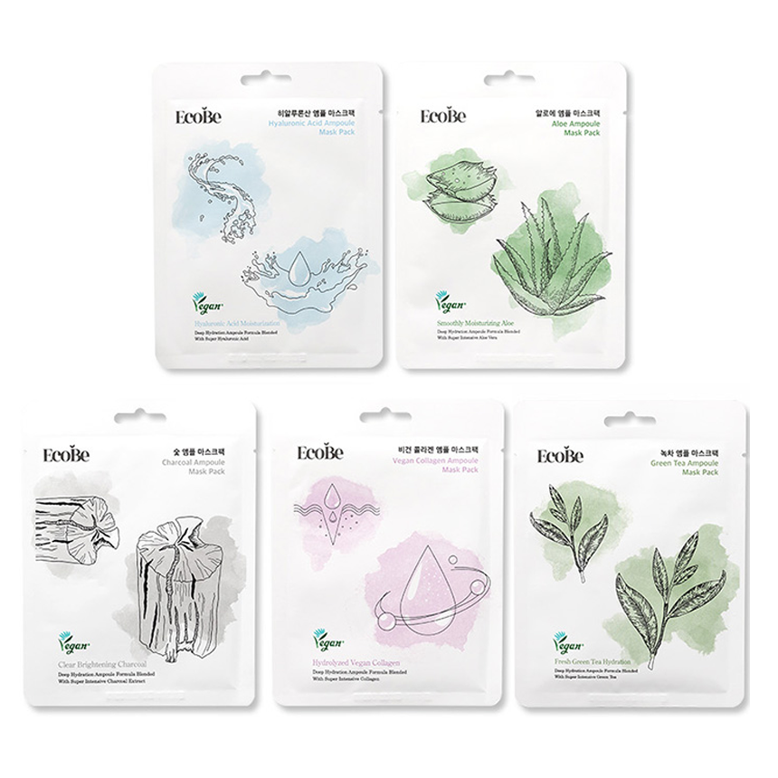 Ecobe Vegane Ampullen-Gesichtsmaske, Sortenmix (5er-Set)