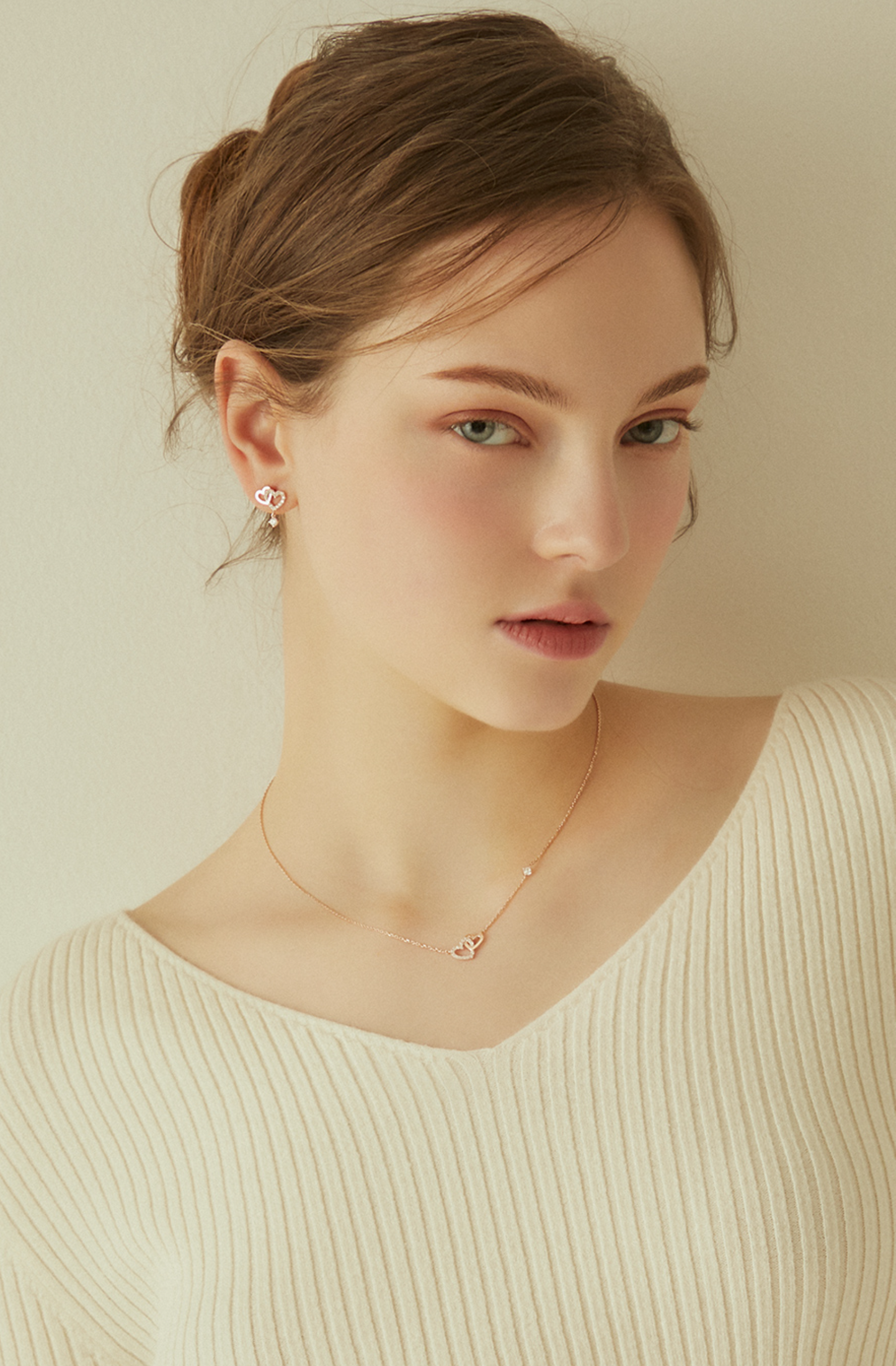 925 Sterling DOUBLE HEART-Halskette/Ohrringe, 18 Karat Gold-plattiert