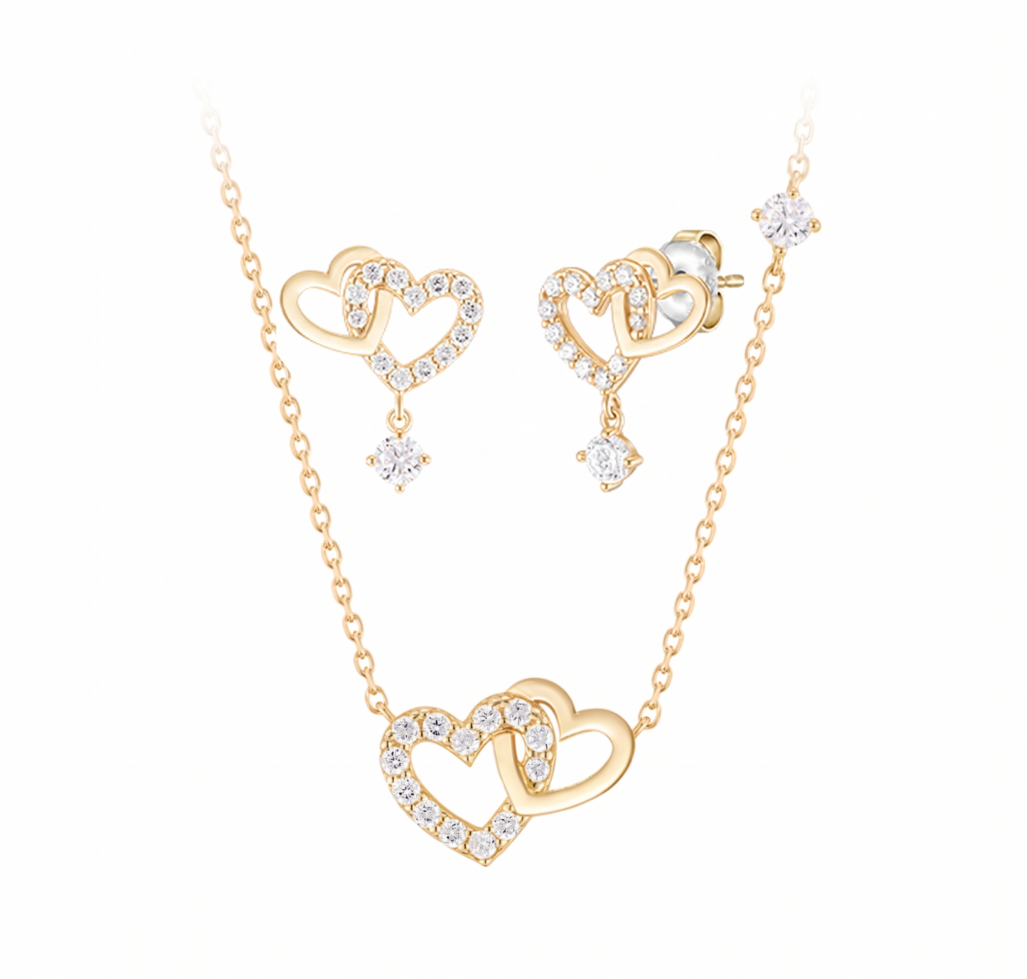 925 Sterling DOUBLE HEART-Halskette/Ohrringe, 18 Karat Gold-plattiert